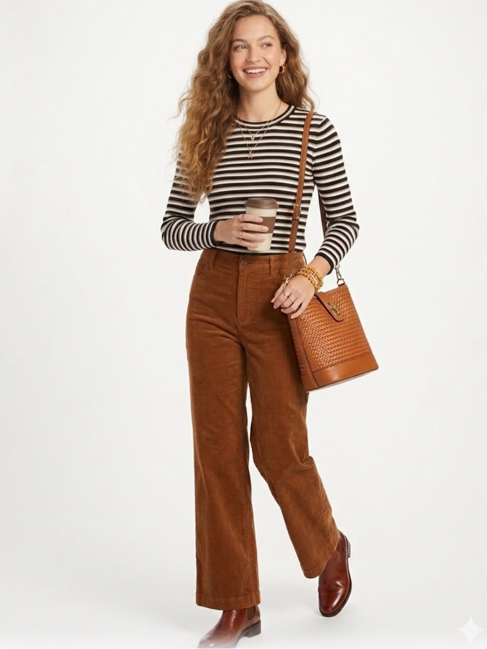 Nine West Variegated Ribbed Crew neck Sweater in Black White Tan Striped